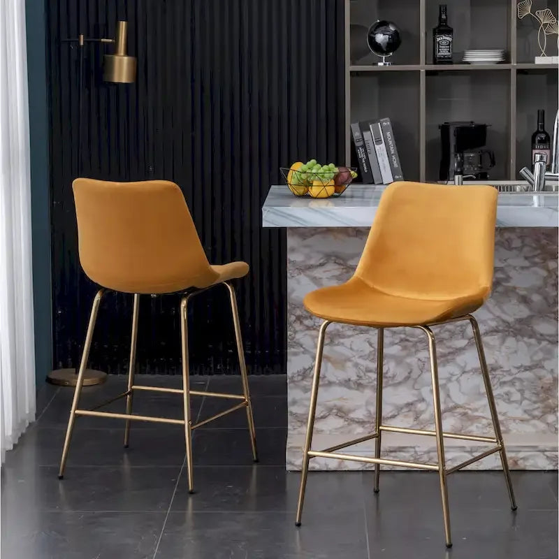 Modern Velvet Upholstered Counter Height Bar Stool with Gold Legs Set of 2