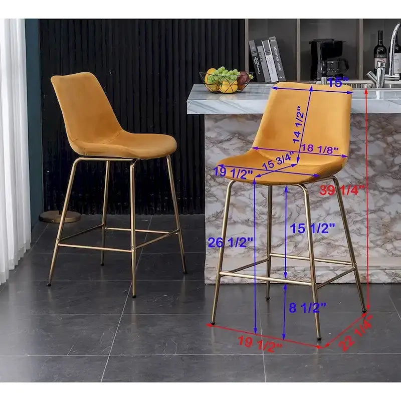 Modern Velvet Upholstered Counter Height Bar Stool with Gold Legs Set of 2