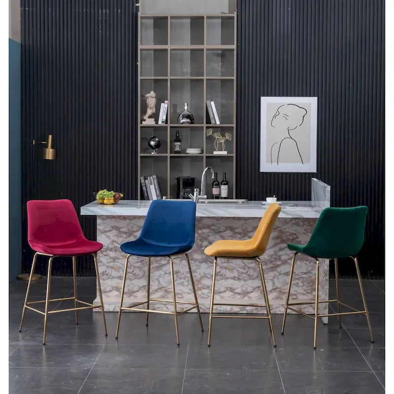 Modern Velvet Upholstered Counter Height Bar Stool with Gold Legs Set of 2
