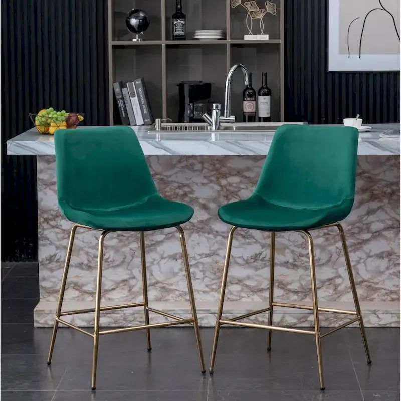 Modern Velvet Upholstered Counter Height Bar Stool with Gold Legs Set of 2