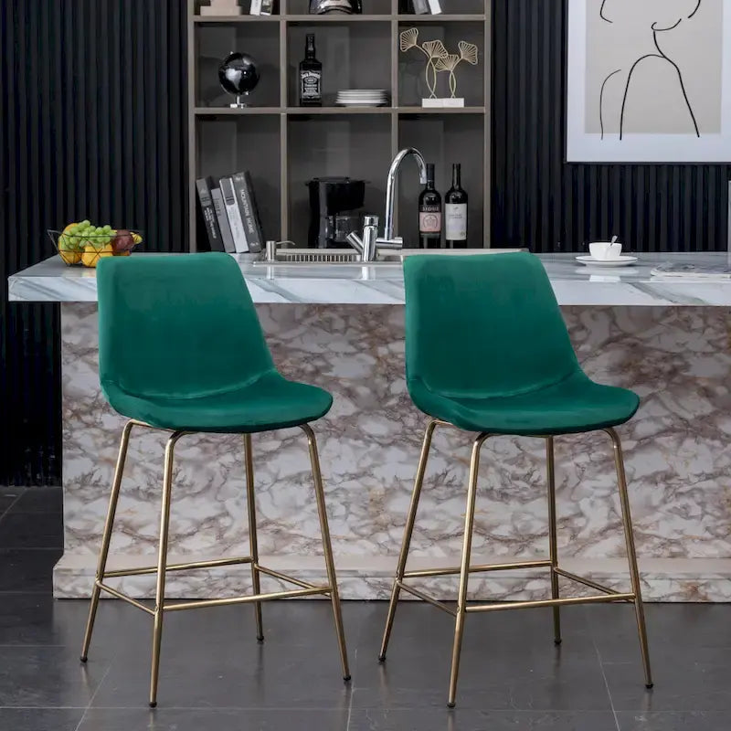 Modern Velvet Upholstered Counter Height Bar Stool with Gold Legs Set of 2