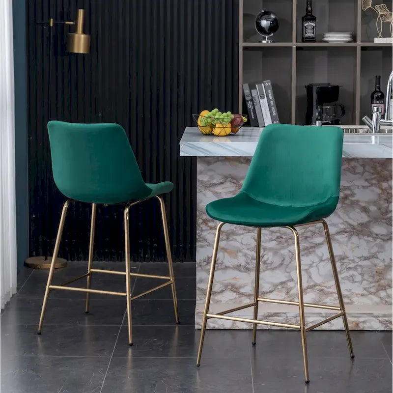 Modern Velvet Upholstered Counter Height Bar Stool with Gold Legs Set of 2