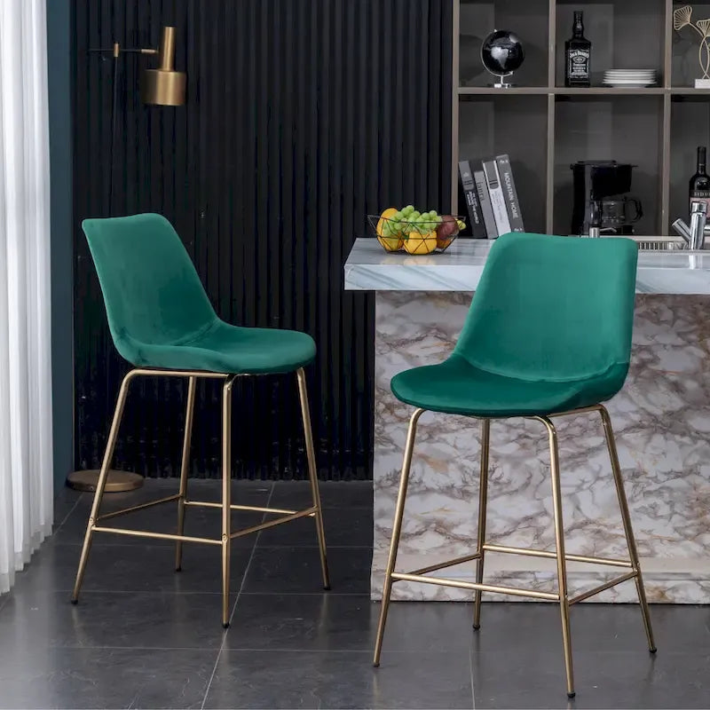 Modern Velvet Upholstered Counter Height Bar Stool with Gold Legs Set of 2