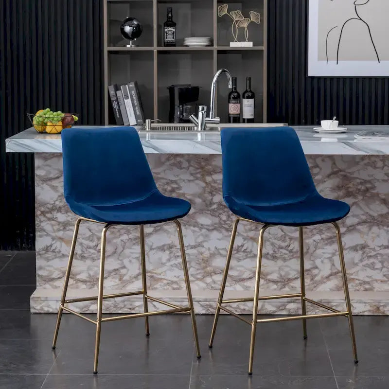 Modern Velvet Upholstered Counter Height Bar Stool with Gold Legs Set of 2