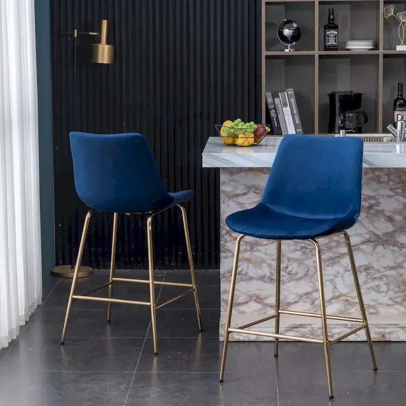 Modern Velvet Upholstered Counter Height Bar Stool with Gold Legs Set of 2