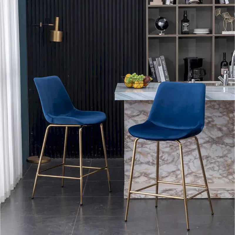 Modern Velvet Upholstered Counter Height Bar Stool with Gold Legs Set of 2