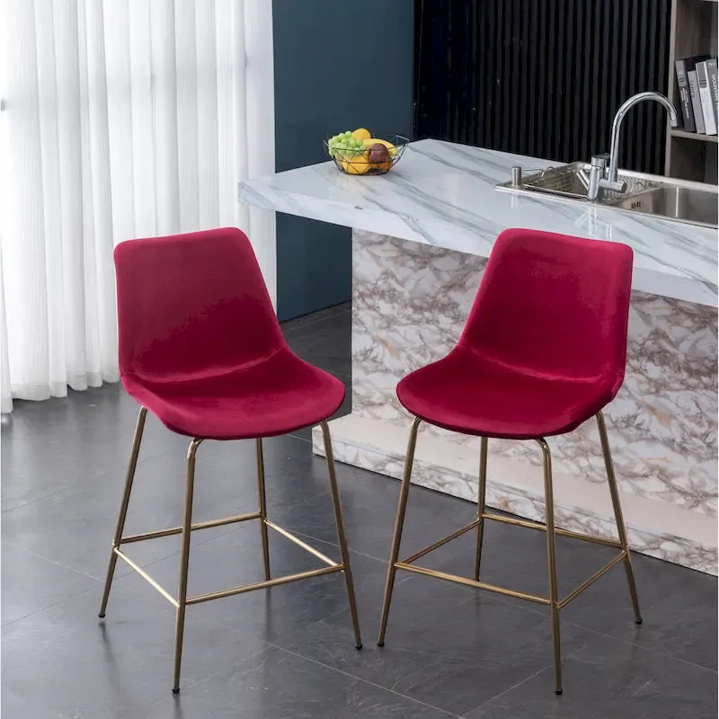 Modern Velvet Upholstered Counter Height Bar Stool with Gold Legs Set of 2