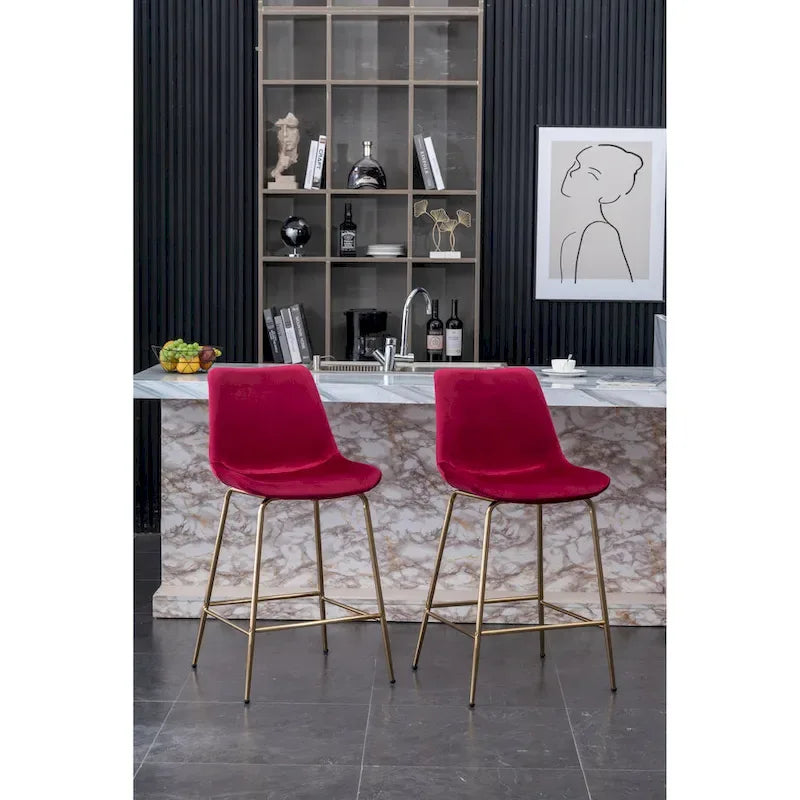 Modern Velvet Upholstered Counter Height Bar Stool with Gold Legs Set of 2