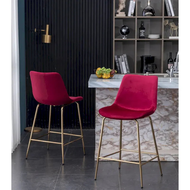 Modern Velvet Upholstered Counter Height Bar Stool with Gold Legs Set of 2