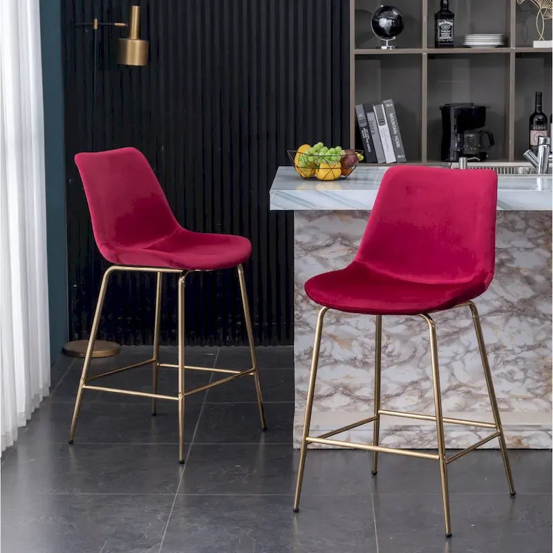 Modern Velvet Upholstered Counter Height Bar Stool with Gold Legs Set of 2