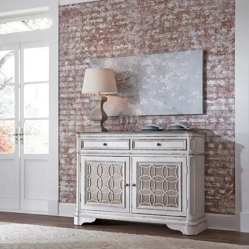 Antique White Mirrored Buffet with Drawers and Adjustable Shelf Storage