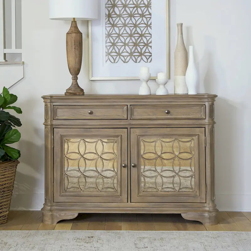 Antique White Mirrored Buffet with Drawers and Adjustable Shelf Storage