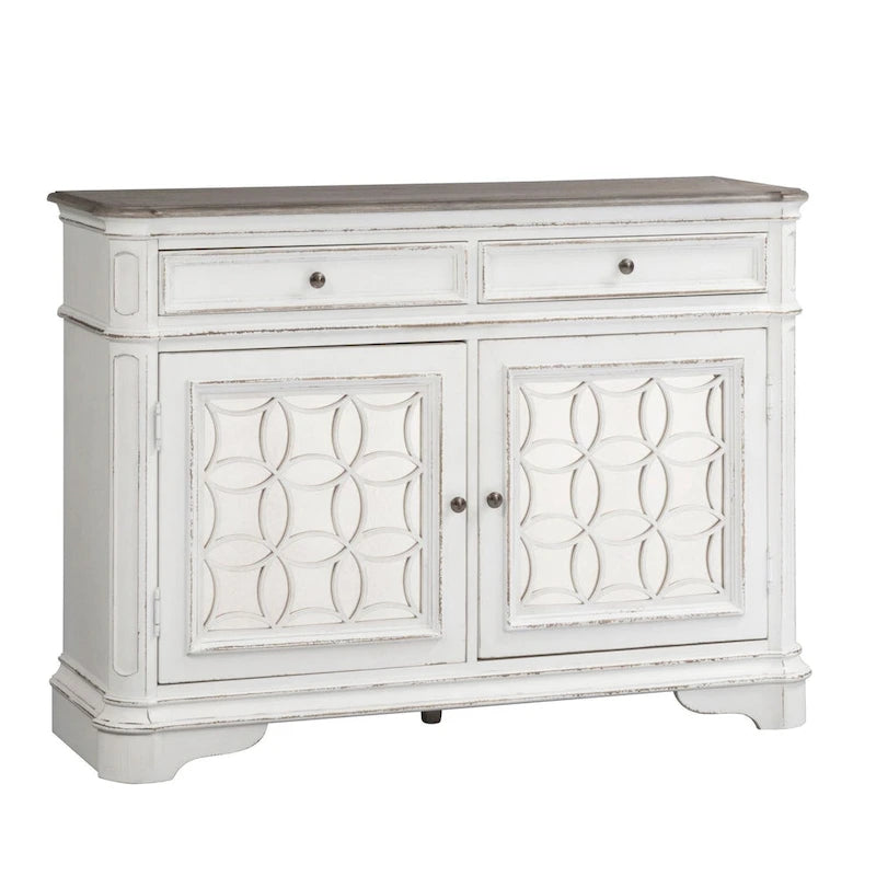 Antique White Mirrored Buffet with Drawers and Adjustable Shelf Storage