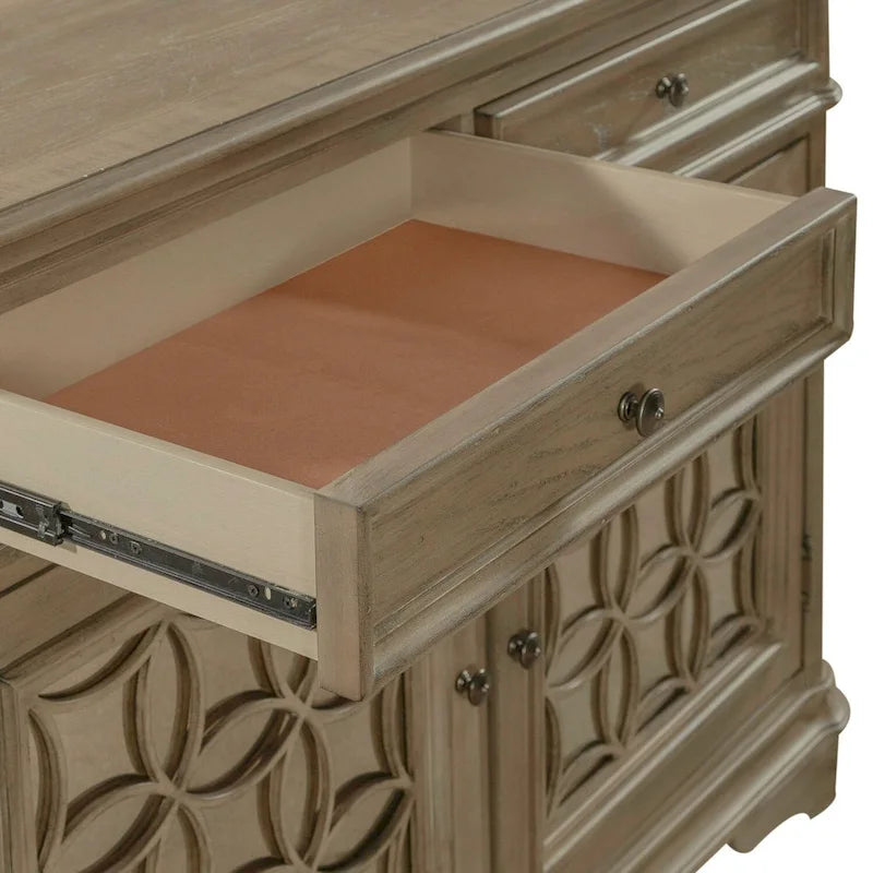 Antique White Mirrored Buffet with Drawers and Adjustable Shelf Storage