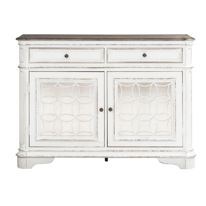 Antique White Mirrored Buffet with Drawers and Adjustable Shelf Storage