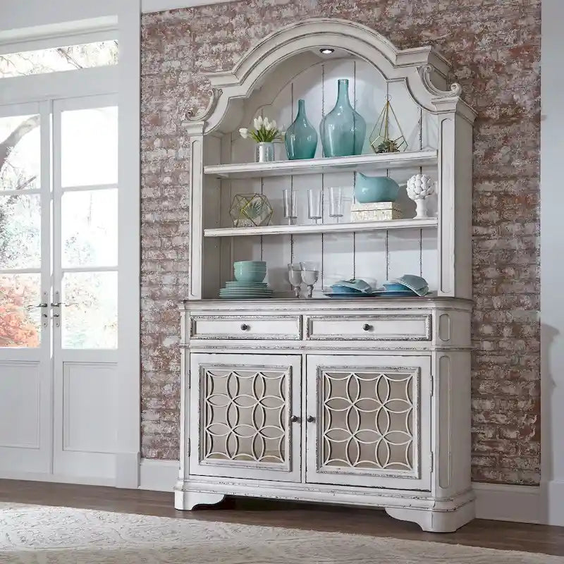Antique White Mirrored Buffet with Drawers and Adjustable Shelf Storage