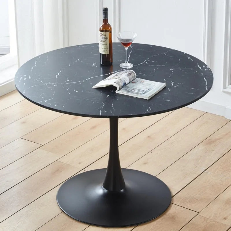 Dining Table with Round Marble Pattern Top for 4-6 People