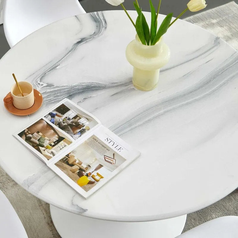Dining Table with Round Marble Pattern Top for 4-6 People