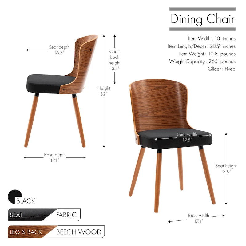 Armless Dining Chairs Set of 2, Beech Wood Back & Legs