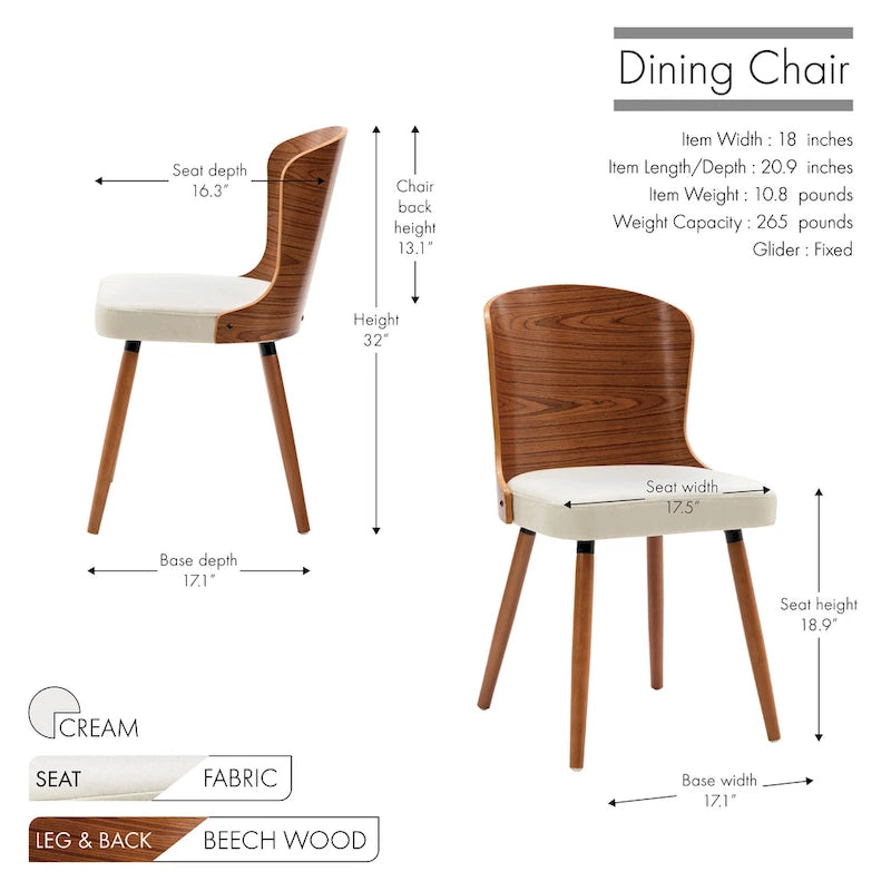 Armless Dining Chairs Set of 2, Beech Wood Back & Legs