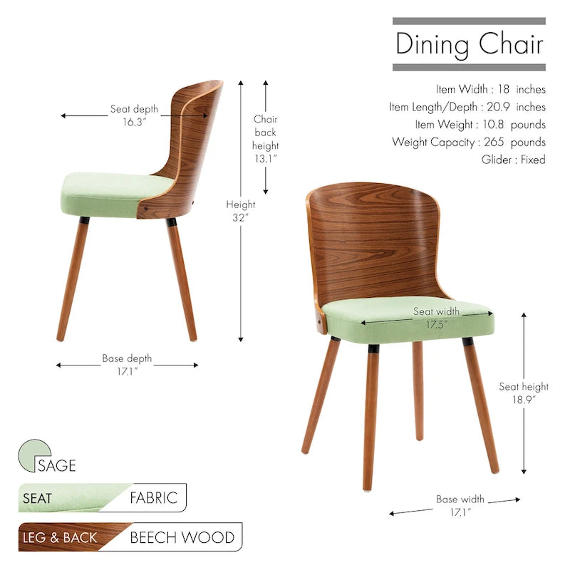 Armless Dining Chairs Set of 2, Beech Wood Back & Legs