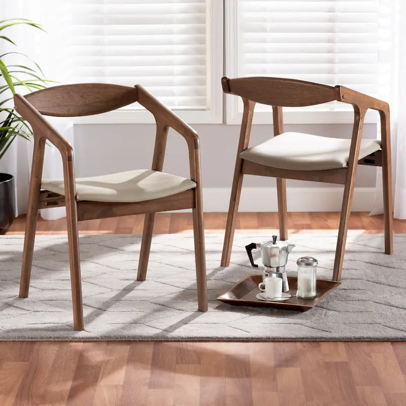 Mid-Century Modern 2-Piece Faux Leather Dining Chair Set with Armrests