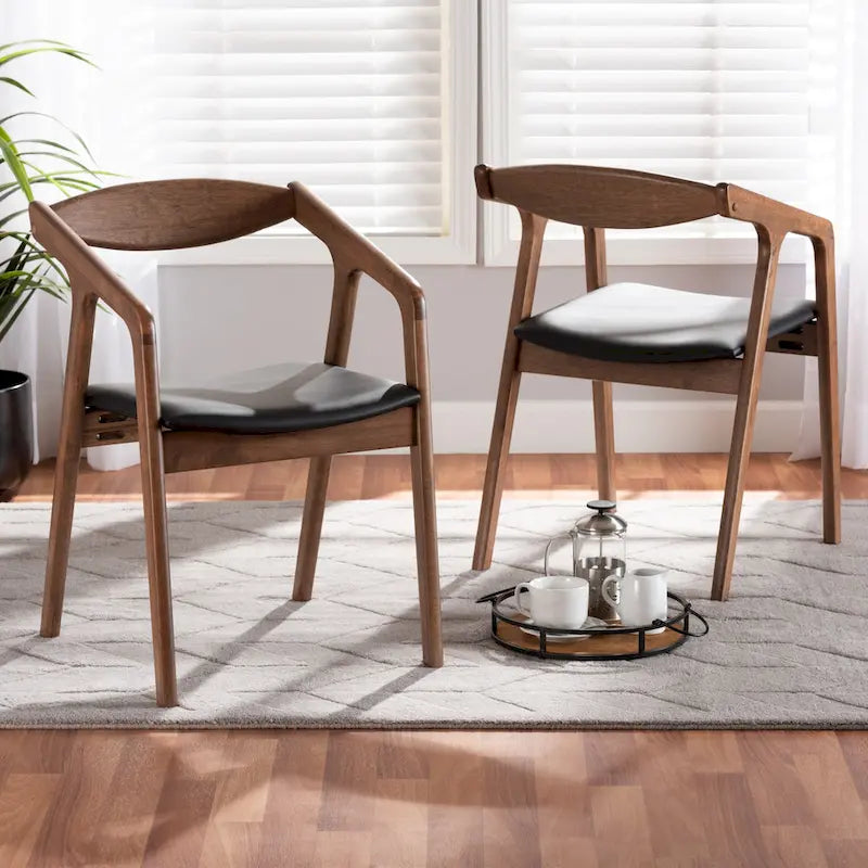 Mid-Century Modern 2-Piece Faux Leather Dining Chair Set with Armrests