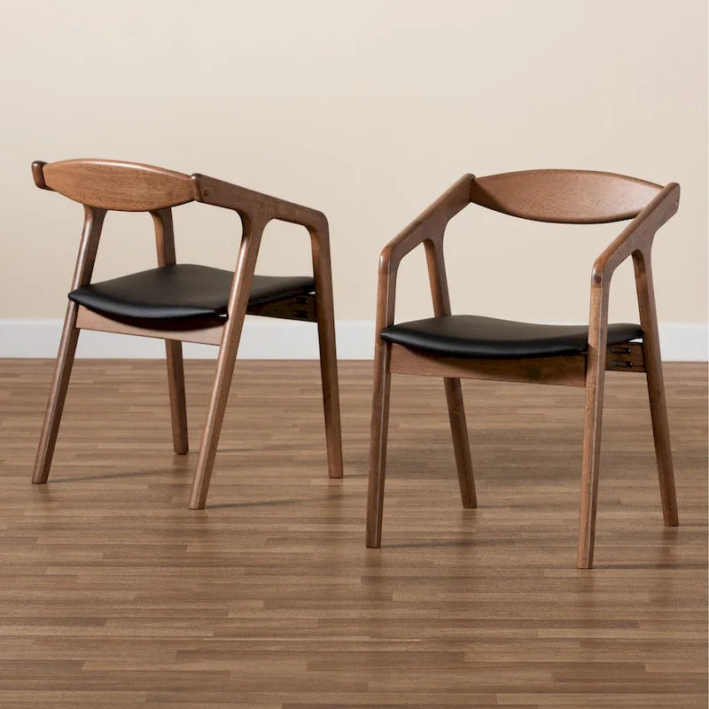 Mid-Century Modern 2-Piece Faux Leather Dining Chair Set with Armrests