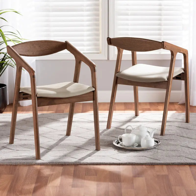 Mid-Century Modern 2-Piece Faux Leather Dining Chair Set with Armrests