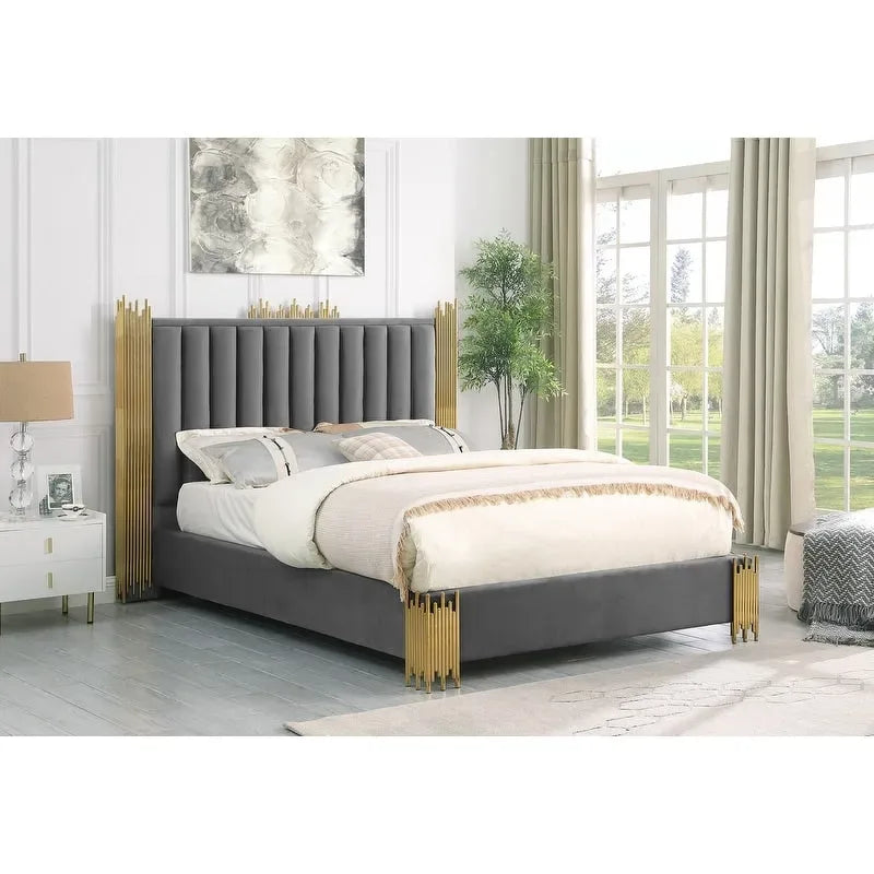 Velvet Platform Bed with Silver or Gold Steel Frame