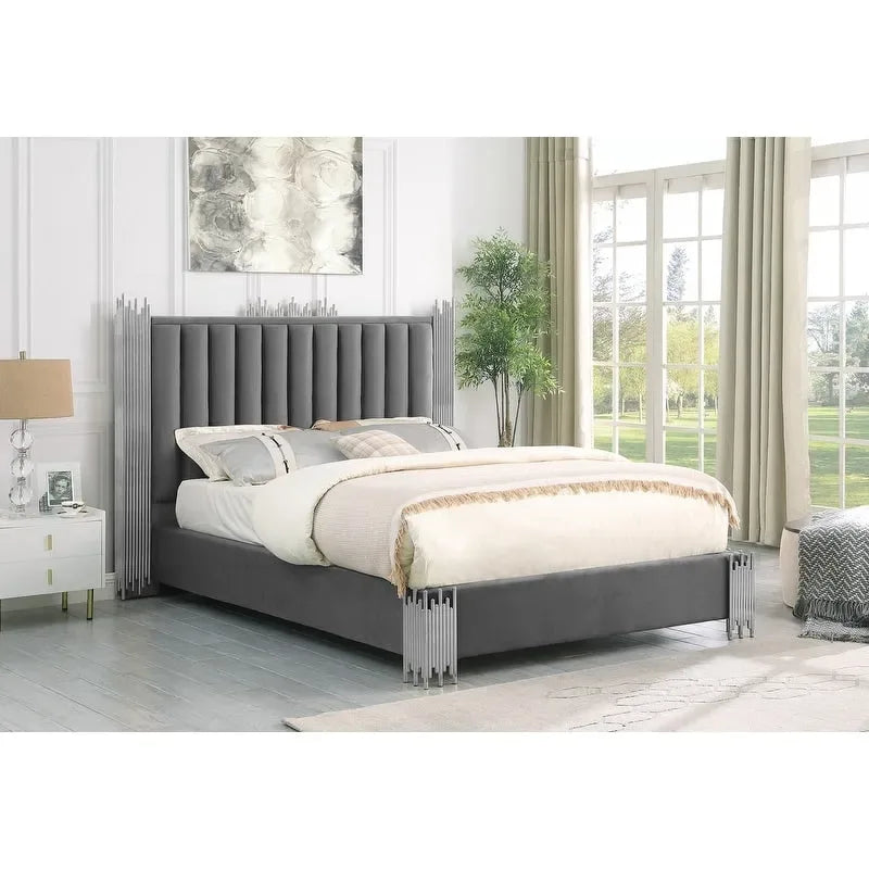Velvet Platform Bed with Silver or Gold Steel Frame