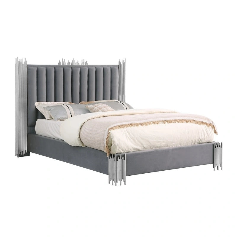 Velvet Platform Bed with Silver or Gold Steel Frame