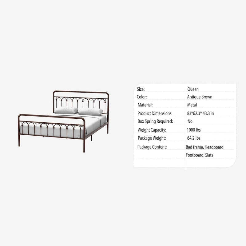 Metal Bed Queen in Black and Antique Brown Finishes