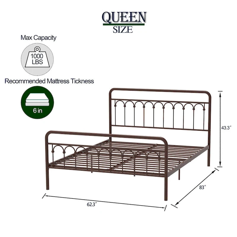 Metal Bed Queen in Black and Antique Brown Finishes