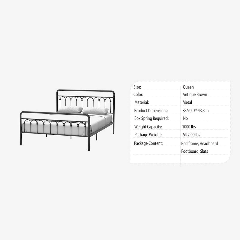 Metal Bed Queen in Black and Antique Brown Finishes