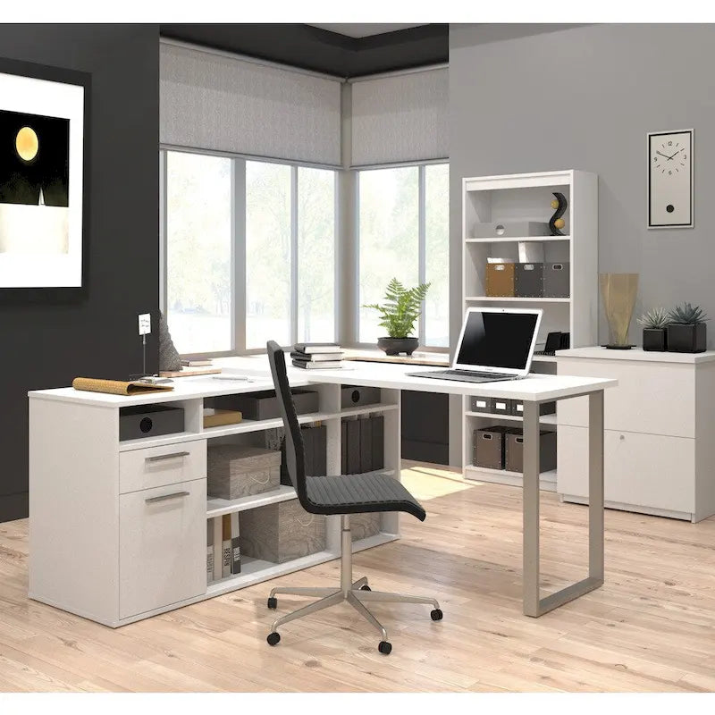 L-Shaped Desk with Lateral File Cabinet and Bookcase Set