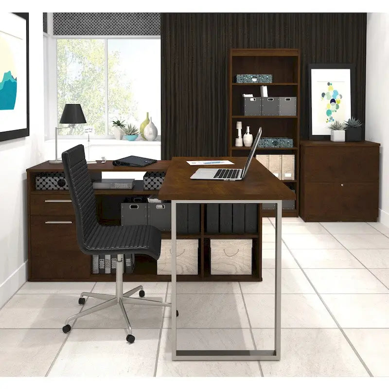 L-Shaped Desk with Lateral File Cabinet and Bookcase Set