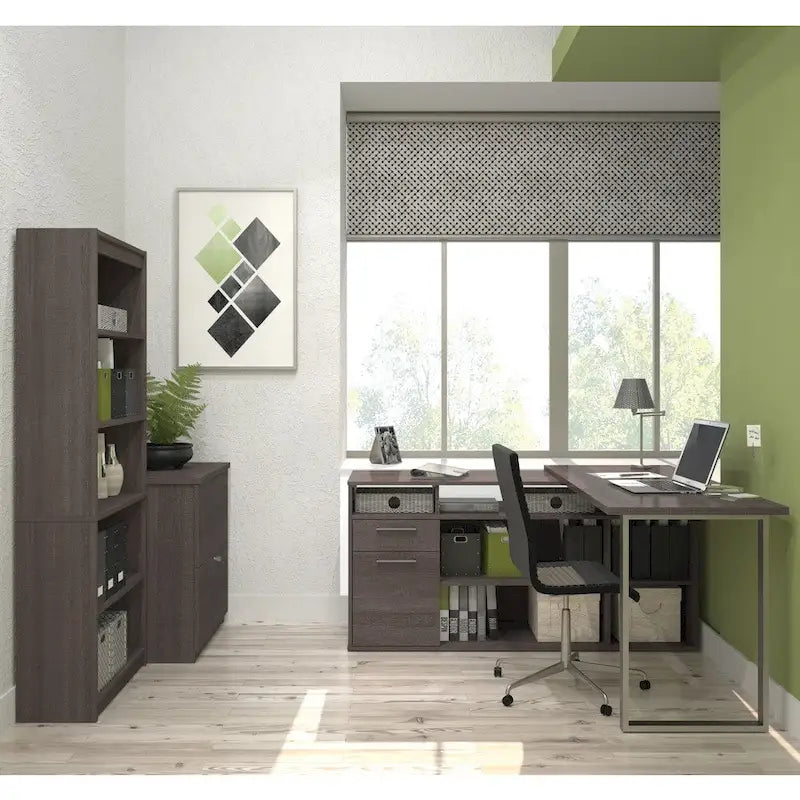 L-Shaped Desk with Lateral File Cabinet and Bookcase Set