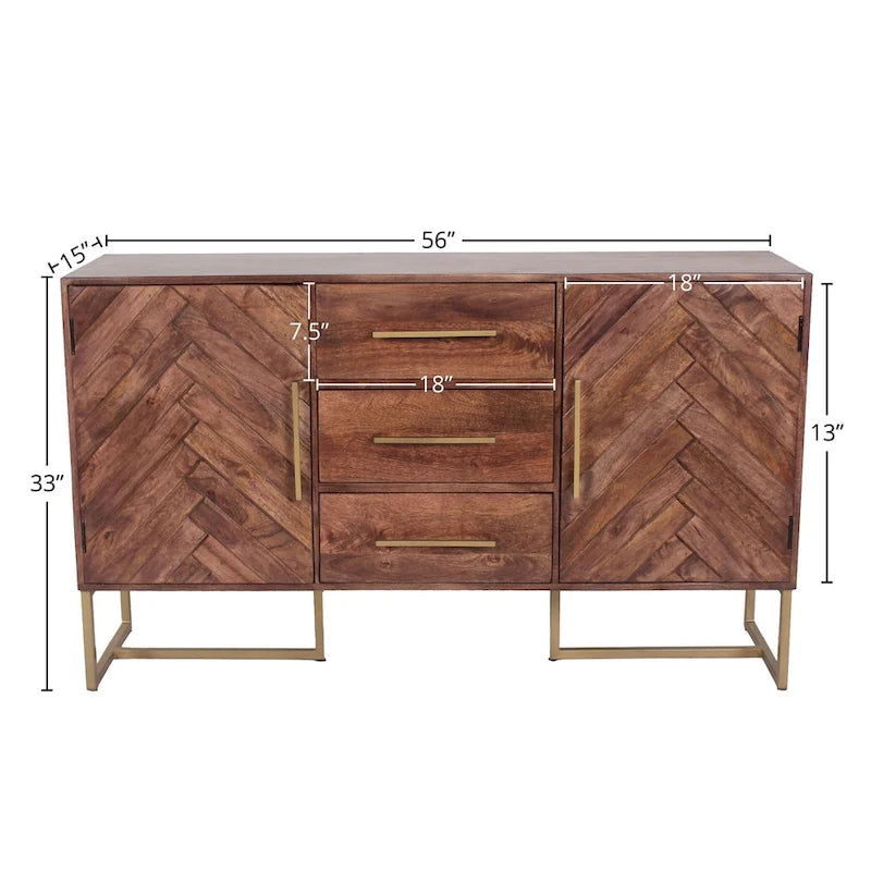 2-Door 3-Drawer Herringbone Wooden Storage Cabinet