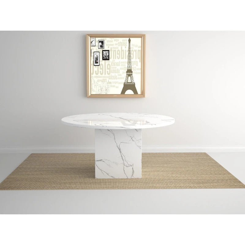 60-Inch Round Marble Dining Table with Cubical Base