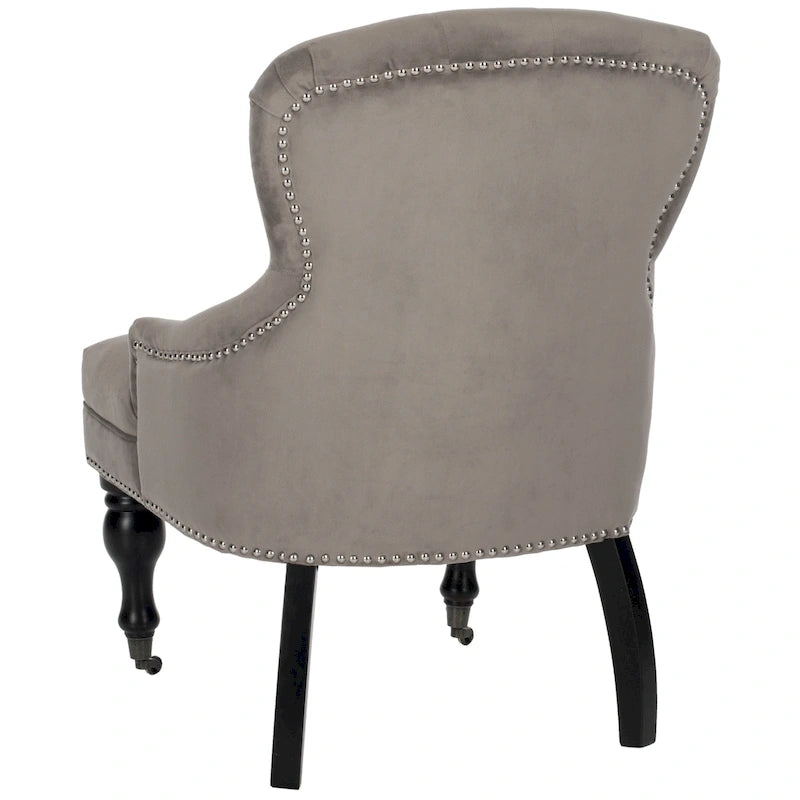 Tufted Beige Petite Arm Chair with Casters and Cherry Mahogany Legs