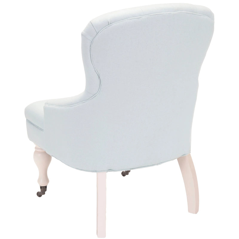 Petit fauteuil capitonné beige avec roulettes et pieds en acajou merisier
