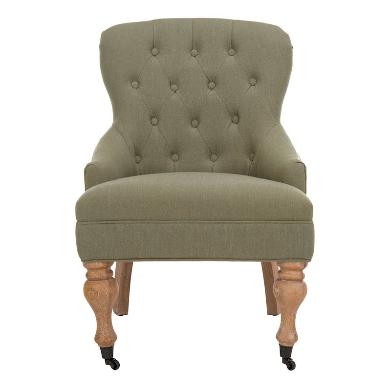Petit fauteuil capitonné beige avec roulettes et pieds en acajou merisier