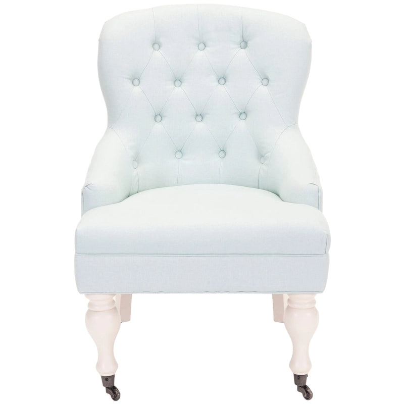 Tufted Beige Petite Arm Chair with Casters and Cherry Mahogany Legs