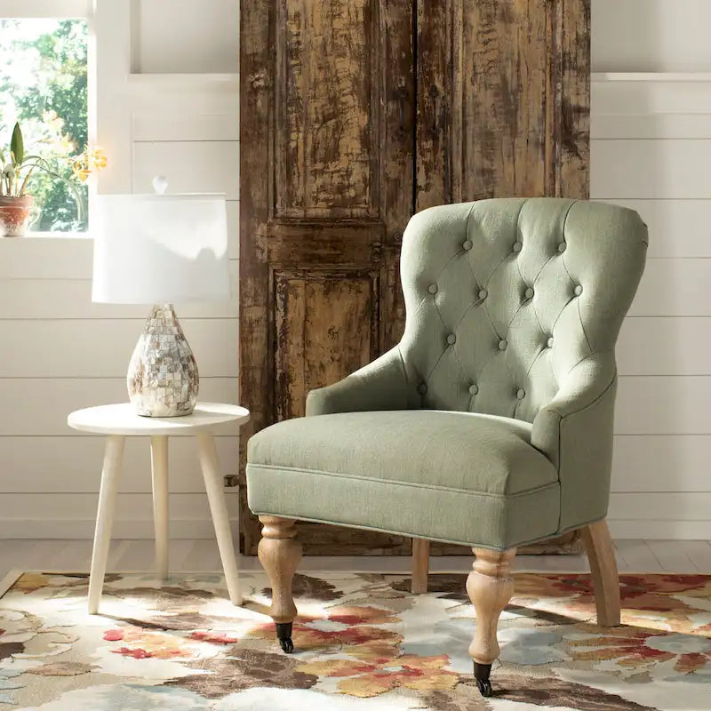 Tufted Beige Petite Arm Chair with Casters and Cherry Mahogany Legs