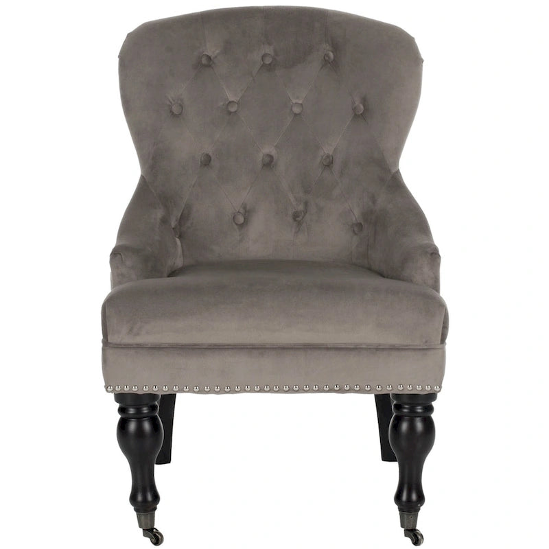 Tufted Beige Petite Arm Chair with Casters and Cherry Mahogany Legs