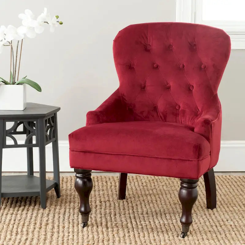 Tufted Beige Petite Arm Chair with Casters and Cherry Mahogany Legs
