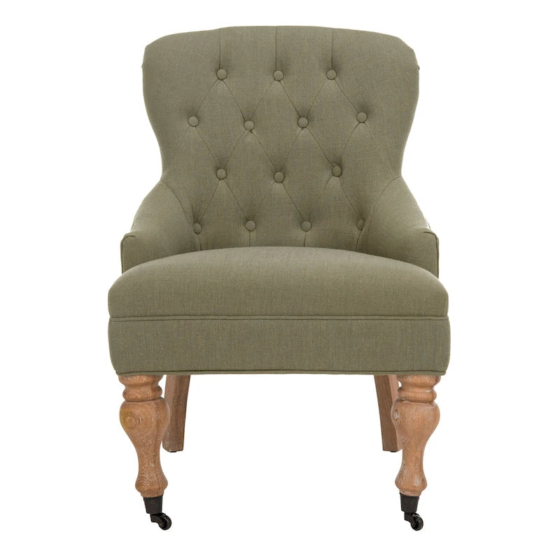Tufted Beige Petite Arm Chair with Casters and Cherry Mahogany Legs