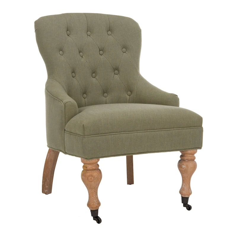 Tufted Beige Petite Arm Chair with Casters and Cherry Mahogany Legs