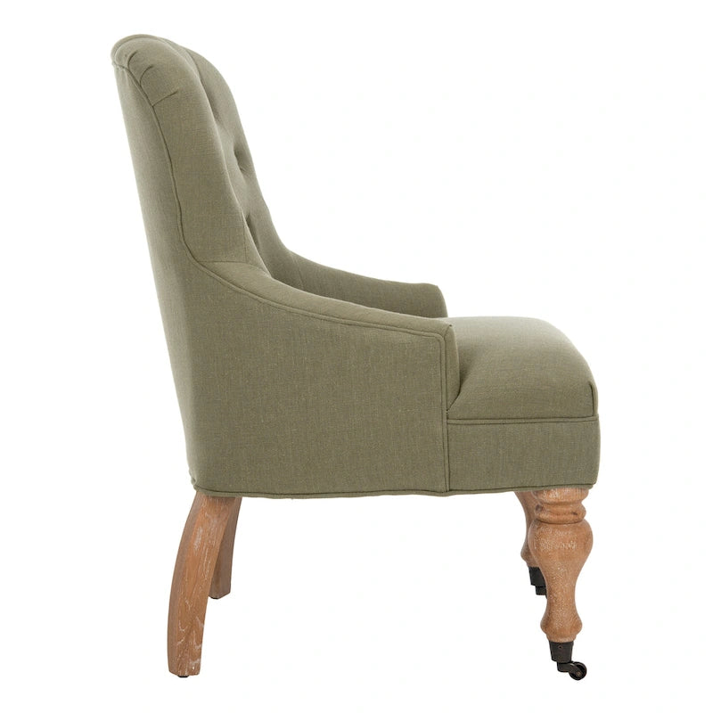 Tufted Beige Petite Arm Chair with Casters and Cherry Mahogany Legs